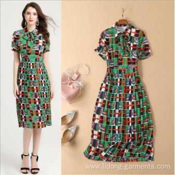 Short-Sleeved Printed Pleated Thin Medium-length Dress